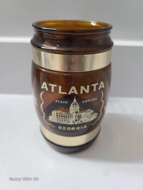 Vintage Siesta Ware Amber Glass Barrel Mug with Wood Handle Atlanta Georgia